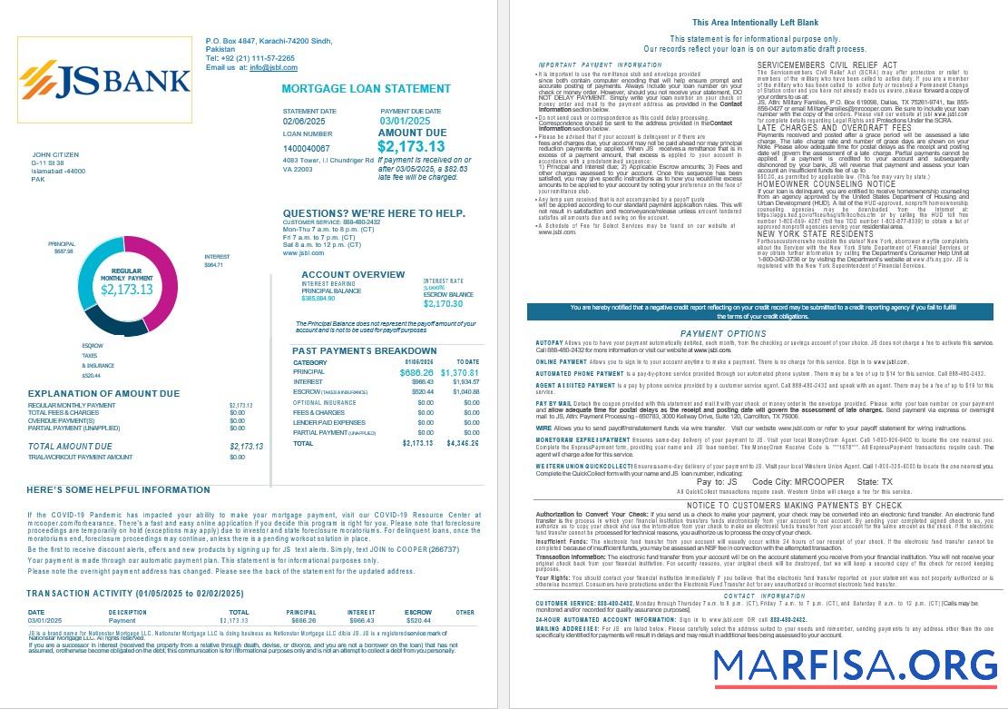 Printable Pakistan JS mortgage loan statement in Word and PDF formats , 4 1 2 download for verification